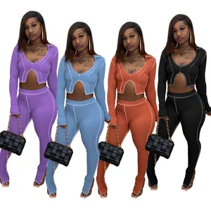 Ensemble de 2 pièces de pantalons et pantalons pour femmes, tenue d'automne, Top court et Leggings à cordon solide, costume de Club Sexy assorti