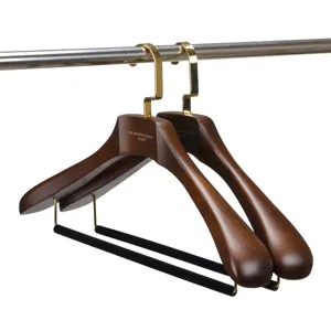 Luxury wide wooden custom logo hangers suit with gold hook and pant bar