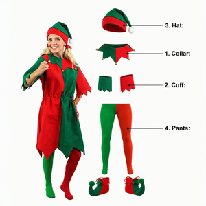 Costume de cosplay d'elfe pour adulte, rouge et vert, avec chapeau, combinaison et chaussures, idéal pour les fêtes de Noël amusantes - Product Image 2