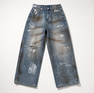 Jean ample vintage Wangsheng pour homme, coupe large, taille mi-haute, effet éclaboussures de peinture, en denim extensible (spandex/coton), délavage moyen, style années 90 - Product Image 1