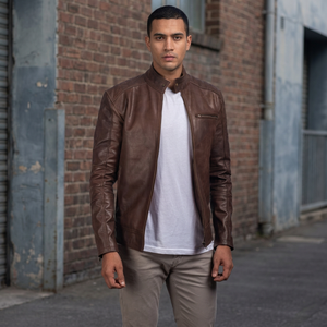 Veste en cuir véritable marron pour homme, col montant, fermeture éclair, coupe slim, décontractée, coupe-vent, automne - Product Image 4