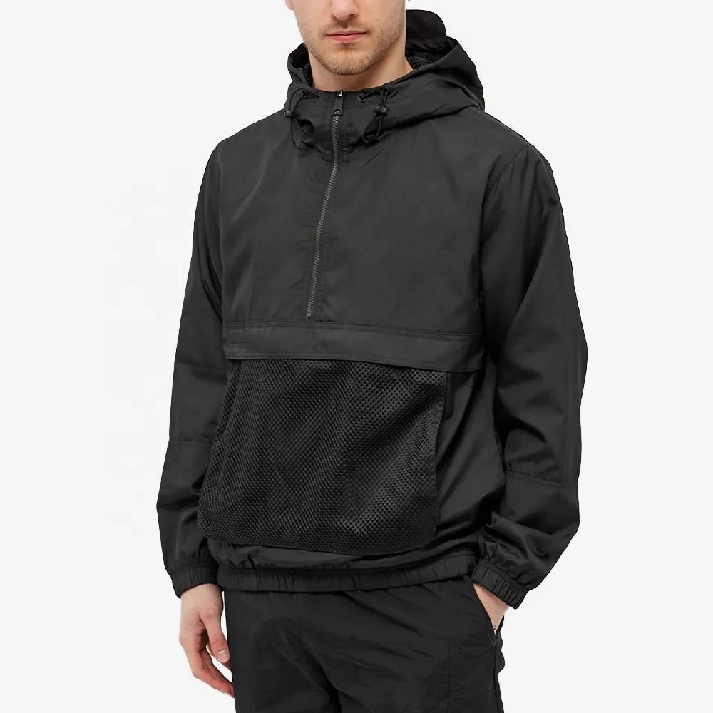 Men's Sporty Windbreaker Jacket 100% Polyester Shell Anorak with Drawstring  Hood Half Zip Pullover Closure Finished Woven Fabric
