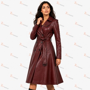 TiIerwear Women's Faux <b>Leather</b> Maxi <b>Trench</b> <b>Coat</b> Double Breasted Notched Collar Full Sleeve Elegant Autumn Outerwear - Product Image 2