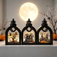 Lanterne citrouille rétro d'Halloween, veilleuse en plastique et verre imprimée offset – Accessoire lumineux portable pour l'aménagement de fêtes, accent de présentation sur étagère, thème hanté