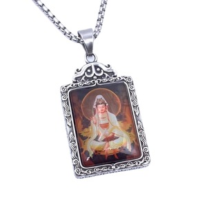 Colgante de acero inoxidable con diseño de Guanyin Bodhisattva Thangka, collar religioso para hombre, con bisel rectangular - Product Image 5