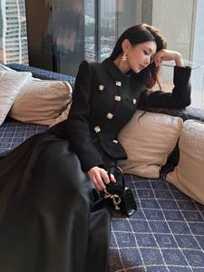 Bettergirl 2025 New Black tweed patchwork à manches longues petite <span class=keywords><strong>robe</strong></span> à col montant - Product Image 1