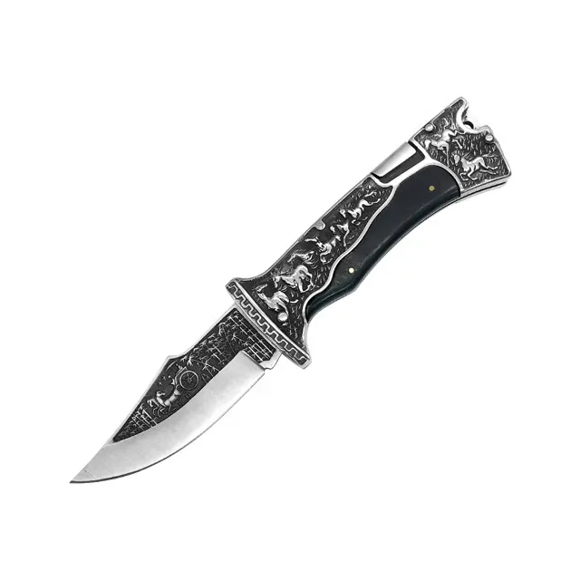 Cuchillo militar curvo plegable para acampar, cuchillo de supervivencia con hoja curvada clásica, con borde libre, Logo de Huntsman