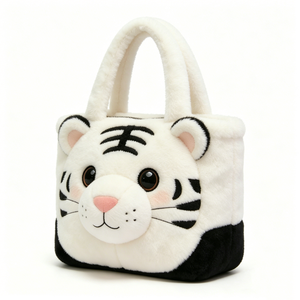 Custom Cute 3D <b>White</b> Tiger Face Plush <b>Handbag</b> with Zipper,Soft Fluffy Animal Tote Bag for Everyday Use,Cute <b>White</b> Tiger Bag - Product Image 5