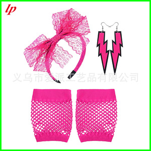 LPP4617 80s Neon Retro Lace <b>Bow</b> Headband Earrings Fishnet Gloves Set For Party Women's Fashion Jewelry - Product Image 5
