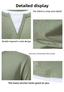 Camiseta Casual de Manga Corta para Hombre, Cuello en V Pequeño, Color Sólido, Diseño de Bloques, Tejido de Punto, para Jóvenes Adultos, Estilo Transfronterizo - Product Image 3