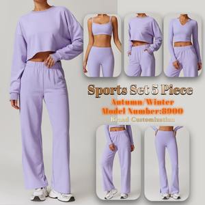 Completo Sportivo Autunno Inverno da Donna, 5 Pezzi, Maniche Lunghe, Leggings a Vita Alta, Pantaloni Larghi per Yoga e Fitness - Product Image 2