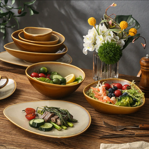 Ensemble de bols et assiettes irréguliers en grès caramel vintage, vaisselle à glaçure réactive, logo personnalisé pour restaurant, hôtel, vente en gros - Product Image 2