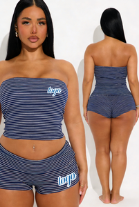 Ensemble deux pièces rayé personnalisé 2026, haut bandeau + <span class=keywords><strong>micro</strong></span>-short, ensemble coordonné sexy style Y2K doux et épicé pour femme - Product Image 3