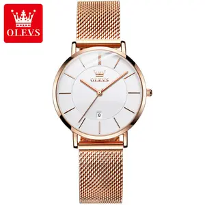 OLEVS 5869エレガントなローズゴールドレディースクォーツ時計クリアクリスタルビッグダイヤル日付表示Simple Casual腕時計