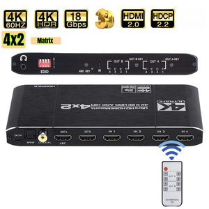 4K 60Hz EDID + Arc <span class=keywords><strong>HDMI</strong></span> <span class=keywords><strong>Matrix</strong></span> <span class=keywords><strong>4x2</strong></span>ตัวแยกสวิตช์รองรับ HDCP 2.2 IR รีโมทคอนโทรลแยกสัญญาณเสียง <span class=keywords><strong>HDMI</strong></span> <span class=keywords><strong>4x2</strong></span>สวิตช์เมทริกซ์ - Product Image 1