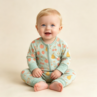 Romper Bayi Serat Bambu Lengan Panjang, Jumpsuit Bayi dengan Resleting Tersembunyi, Pakaian Tidur dengan Manset Lipat, Motif Safari, Piyama Bayi Baru Lahir
