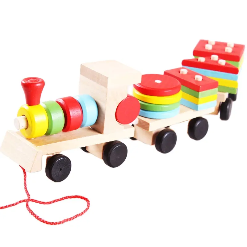 Children Learning Educational Toys Geometric Shape Wooden Building Blocks Wood Three Small Trains Rope Traction Toy Kids Gift