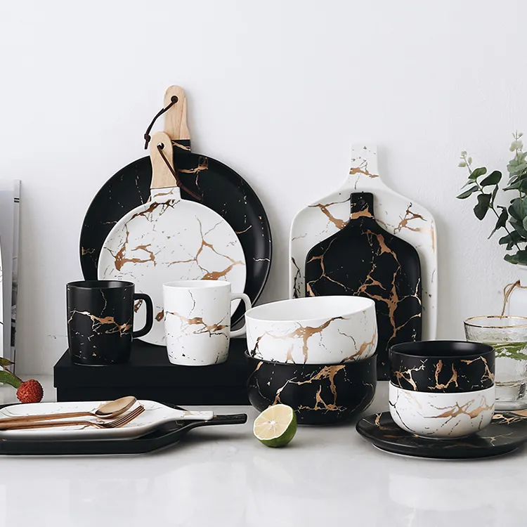 Ensemble de vaisselle en porcelaine exquise faite à la main, service de table en céramique de luxe en marbre avec tasse à cercueil, Offre Spéciale