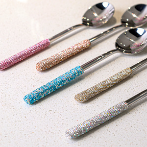 Ensemble de cuillères en acier inoxydable Jin Hui avec strass, 5 pièces, poli miroir, cuillères à café, à thé, à soupe, manche décoratif, vaisselle de cuisine - Product Image 4