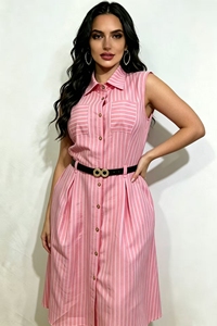 Robe chemise boutonnée sans manches à rayures imprimées pour femme avec ceinture, robe de bureau décontractée respirante et ajustée à la taille - Product Image 4
