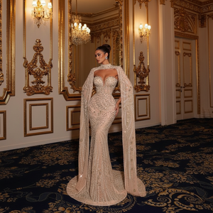 Vestido de Noche Elegante y Lujoso para Mujer, Estilo Sirena, Largo hasta el Suelo, Sin Tirantes, Manga Corta, Transpirable, de Malla - Product Image 2