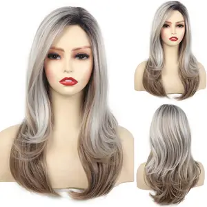 Layered Long Wigs for White Women Straight Grey Mixed Blonde Wigs Side Part Natural Looking Synthetic Hair Wigs with Dark Roots