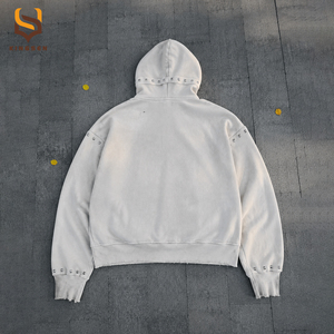 Sweat à capuche zippé personnalisé Streetwear, coupe oversize, grammage lourd, effet vintage délavé, imprimé graphique, effet usé avec clous décoratifs - Product Image 2