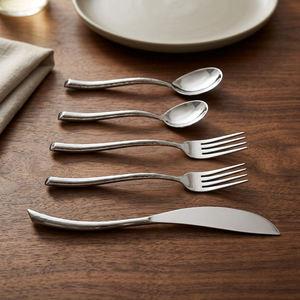 Juego de cubiertos de acero inoxidable de 5 piezas con mango martillado, incluye tenedor de cena, tenedor para ensalada, cuchara de cena y cucharilla. - Product Image 5