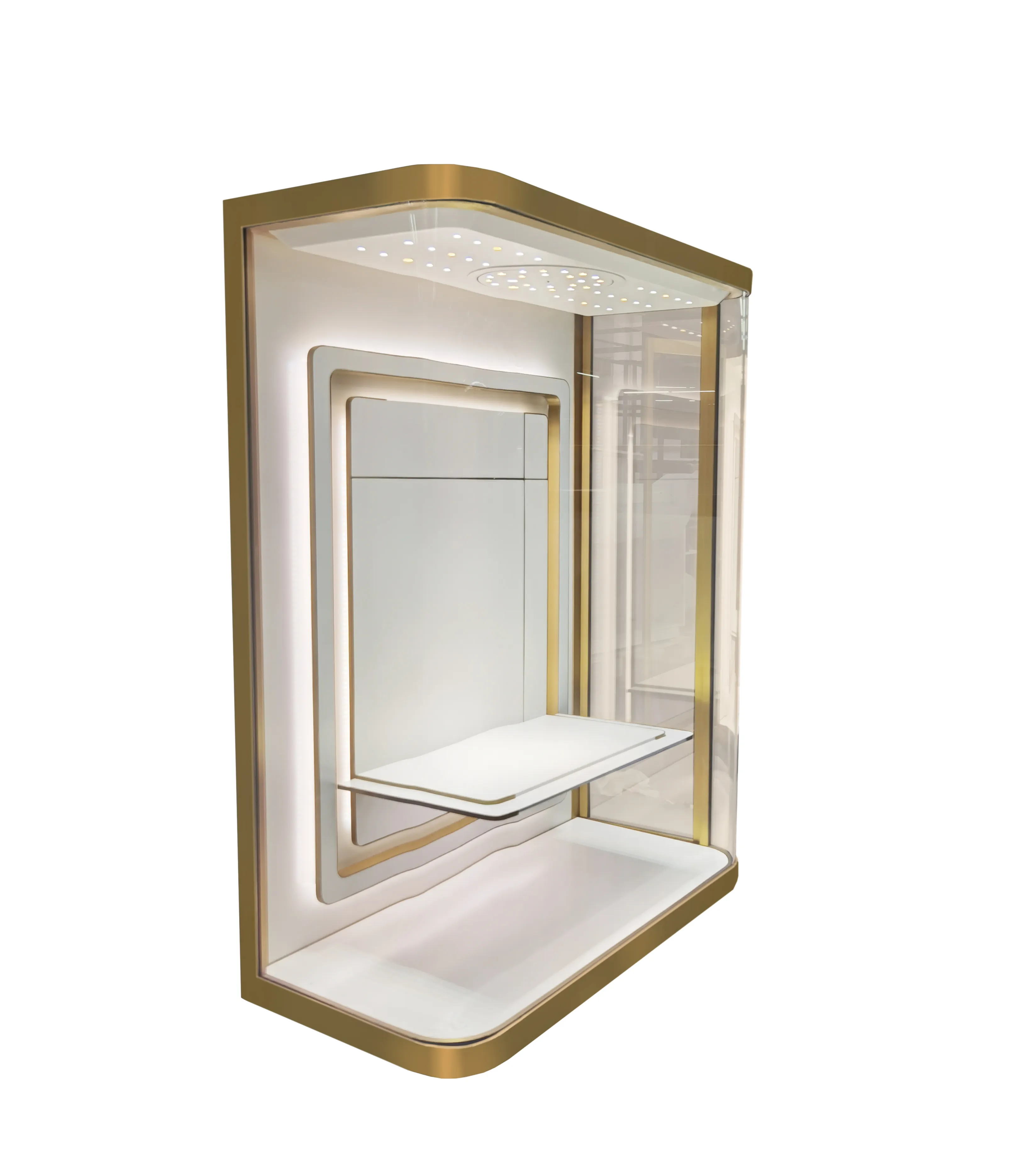 High End Champagner Gold Edelstahl Galvanik Schmuck Vitrine hängende Vitrine mit rotierenden LED-Lichts cheibe