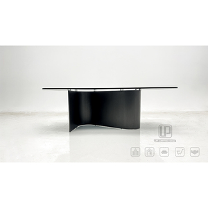 Meubles de salon modernes, table basse rectangulaire en verre trempé noir, base en bois en forme de vague, fabriquée en Chine, Wave Sha - Product Image 5