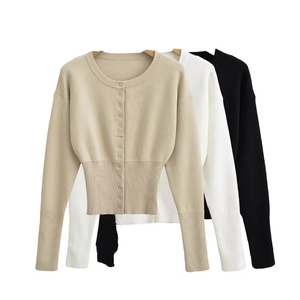 Nuovo <span class=keywords><strong>Cardigan</strong></span> Corto da Donna in Maglia, Stile Francese Elegante, Tinta Unita, Scollo a V con Bottoni Nascosti, Casual, Autunnale - Product Image 1