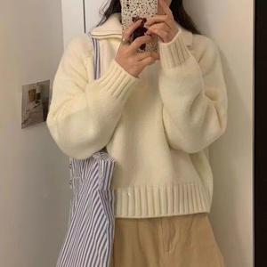 拉链翻领休闲针织长袖毛衣女式时尚实心女套头衫 - Product Image 4