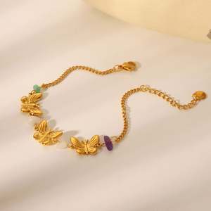 สร้อยข้อมือผีเสื้อชุบทอง18K แบบเรียบง่ายสร้อยข้อมือหินอัญมณีธรรมชาติสร้อยข้อมือสแตนเลสเครื่องประดับโซ่สำหรับผู้หญิง - Product Image 3