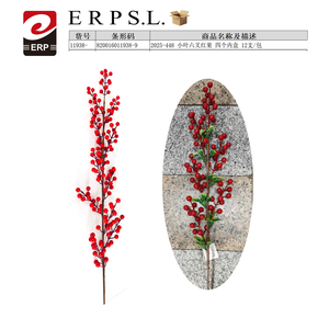Stelo di bacche rosse artificiali con piccole foglie a sei punte, 12 pezzi per confezione, per decorazione - Product Image 3