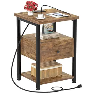 End Table Bedside Table with USB Ports, Modern Nightstands with Drawers Storage Shelf