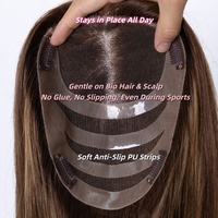Topper en dentelle à nœuds simples, cheveux vierges européens Remy, couleur personnalisable marron balayage, base en soie, texture naturelle droite, longueur moyenne