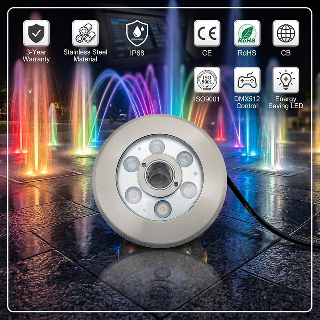Dancing Water Stainless Steel 3-in-1/4-in-1 IP68 18W Underwater Fountain Ring DMX/RF Remote Control RGBW LED Dimmable Light
