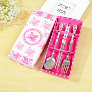 Cute Cartoon Stainless Steel Childrens Spoon And Fork Set Blue And White Porcelain 3 Piece <b>Kids</b> <b>Dining</b> Utensils - Product Image 3