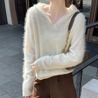 Pull à capuche 100 % cachemire pur pour femme, col en V décontracté, ample et moelleux, en maille