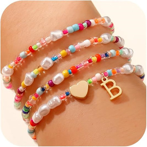Braccialetti con ciondoli iniziali JIAOGE per ragazze, in ottone placcato <span class=keywords><strong>oro</strong></span>, graziosi, impilabili, con perle, regalo di compleanno per bambine dai 6 ai 12 anni - Product Image 4