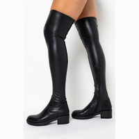 Bottes hautes en cuir noir Xinzirain personnalisées pour femme, plates, épaisses, élastiques, grandes tailles, pour l'hiver