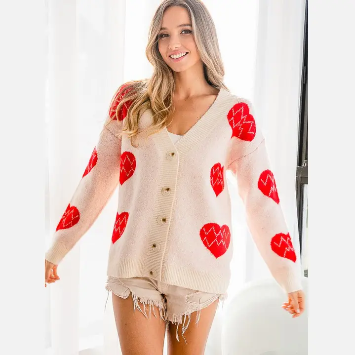 2023 San Red Heart Print Valentines Day Wear Clothes Sweater Jacket Cardigan For Women
