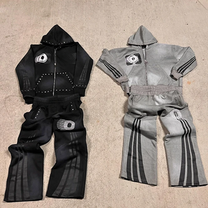 Tùy Chỉnh Quá Khổ Zip-up Hoodie Quần Set Cho Nam Giới Axit Rửa Sạch Bộ Đồ Thể Thao Với Rhinestone Cắt Quần Áo Mùa Đông - Product Image 1