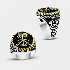 925K <b>Silver</b> Art Design Saudi Arabia Palm Tree Sword <b>Men</b> Black <b>Ring</b> - Product Image 2