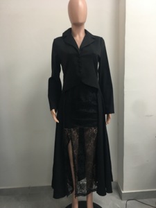 女式黑色后长前短西装外套礼服 - 高开衩蕾丝长裙正装两件套 Sehe Fashion - Product Image 5