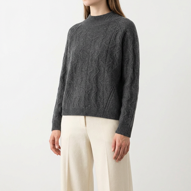 Premium Women Cashmere Sweater Crew Neck Textured Cable Knit Casual Pullover