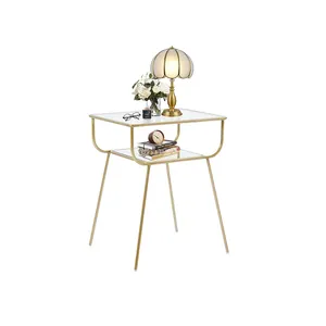 Tempered Glass Top Mid Century Accent Metal Gold End Table Modern for Bedrooms Bedside Table Night Stands Side Table