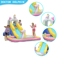 Nouvelle Conception Personnalisée - Château Gonflable Extérieur Licorne et Dauphin avec Toboggan, Usage Domestique, Multifonctionnel, Capacité 135kg, 2 Passagers