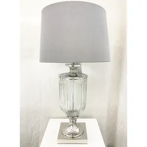 Smoke Gray Clear Ball Glass Table Lamp With Silk Drum Lampshade For Hotel Home