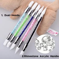 Pinceau à ongles en silicone double embout avec manche en acrylique orné de strass, pointe biseautée et pointue pour manucure gel
